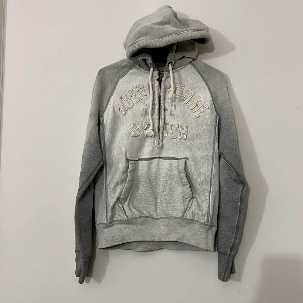 Grey distressed half zip Abercrombie & Fitch hoodie.